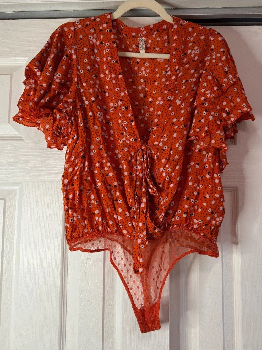 Free People Intimately Red Orange Floral Tie-Front Ruffle Bodysuit - Size M